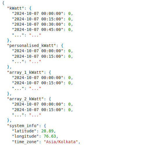 API JSON sample showing array_1_kWatt and array_2_kWatt keys