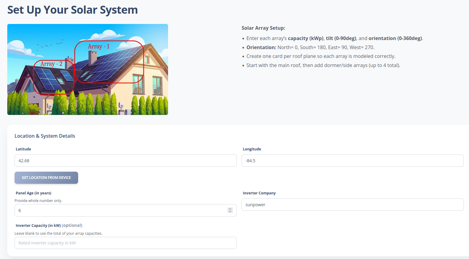 Setup page showing multi-array guidance with Array-1 and Array-2 on a house illustration